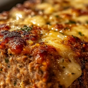 Close-up of Savory Garlic Parmesan Meatloaf showing texture, layers, and glossy finish