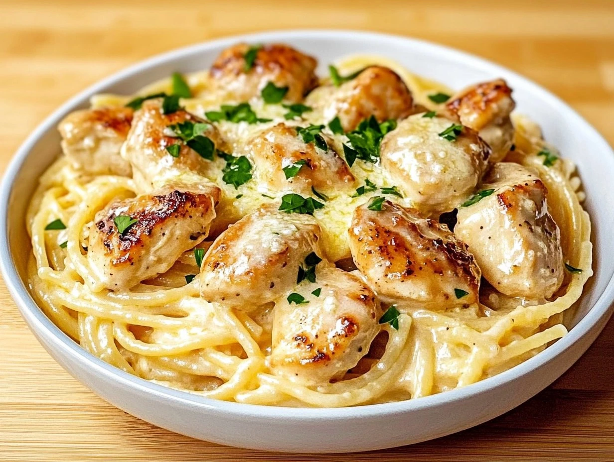 Perfectly cooked Garlic Butter Chicken with Parmesan Pasta served and ready to eat - final result