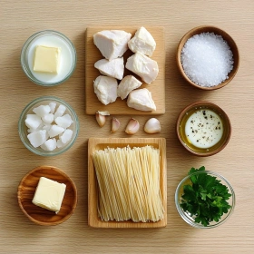 Step-by-step preparation of Garlic Butter Chicken with Parmesan Pasta showing ingredients and initial cooking steps