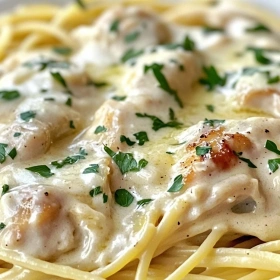 Close-up of Garlic Butter Chicken with Parmesan Pasta showing texture, layers, and glossy finish