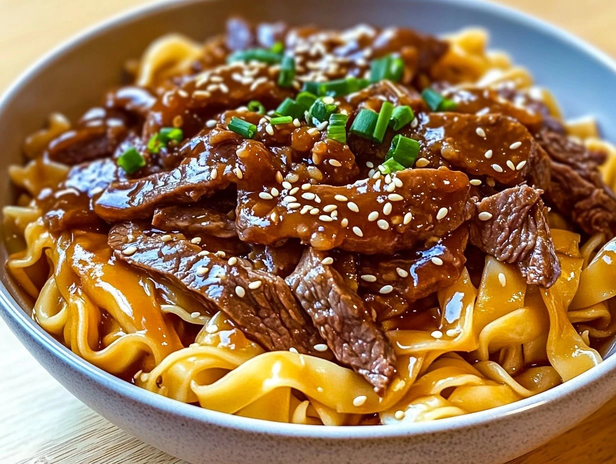 Perfectly cooked Korean Beef Noodles: Slow Cooker Comfort served and ready to eat - final result