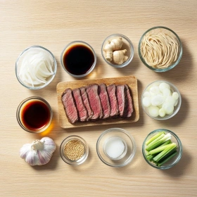 Step-by-step preparation of Korean Beef Noodles: Slow Cooker Comfort showing ingredients and initial cooking steps