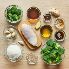 Step-by-step preparation of Savory Chicken Broccoli Stir-Fry showing ingredients and initial cooking steps