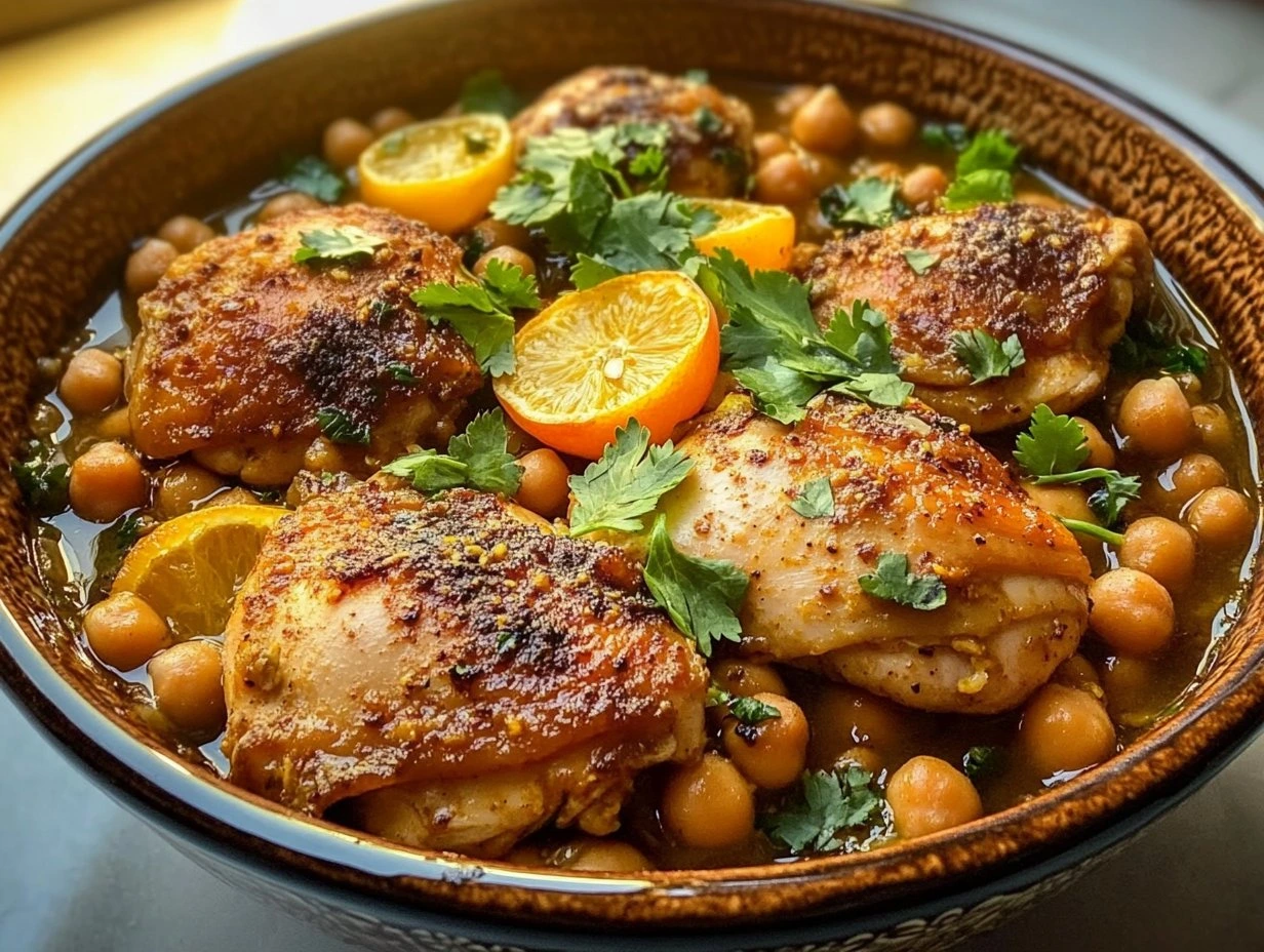 Perfectly cooked Fragrant Moroccan Chicken Tagine served and ready to eat - final result