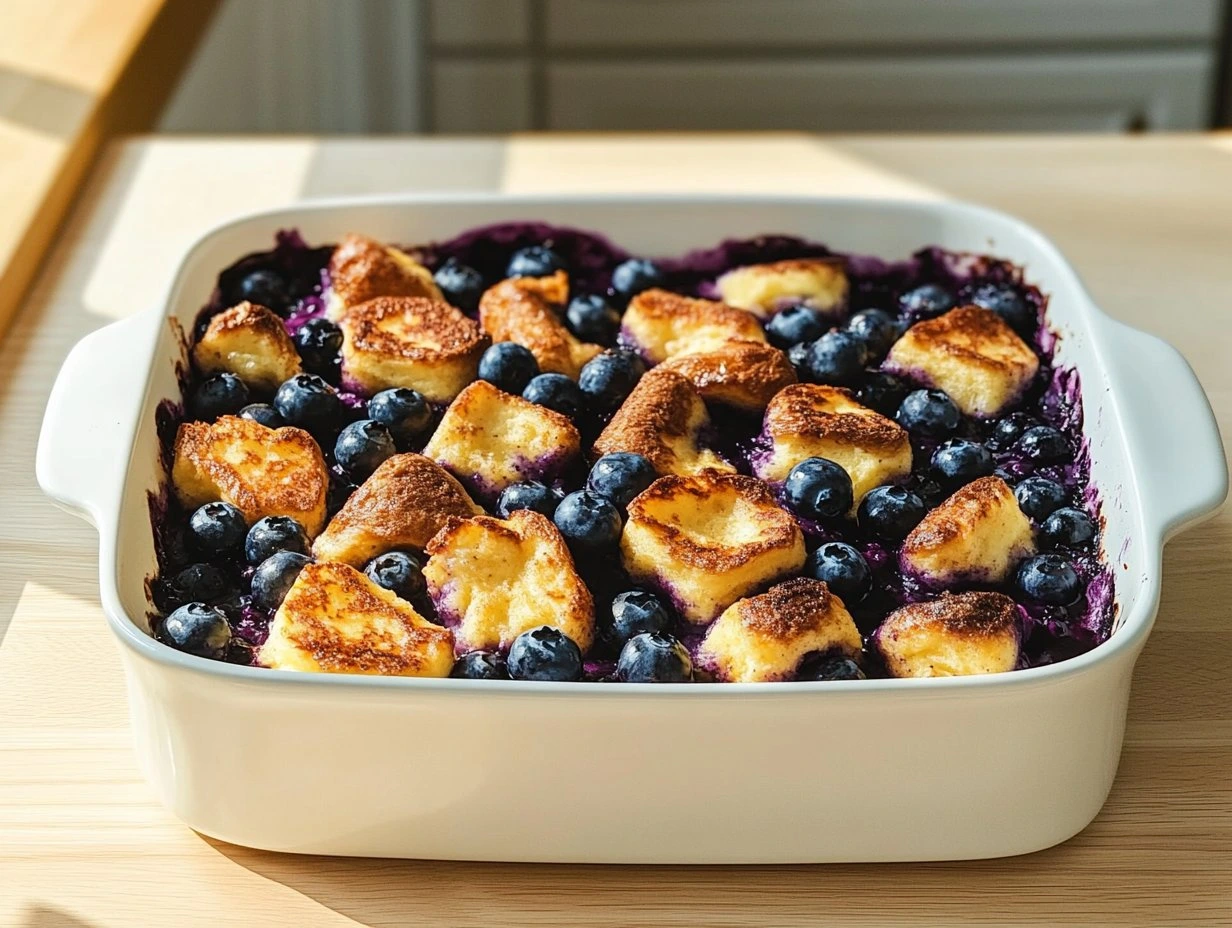 Perfectly cooked Blueberry French Toast Casserole Delight served and ready to eat - final result