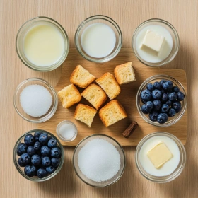 Step-by-step preparation of Blueberry French Toast Casserole Delight showing ingredients and initial cooking steps
