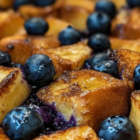Close-up of Blueberry French Toast Casserole Delight showing texture, layers, and glossy finish