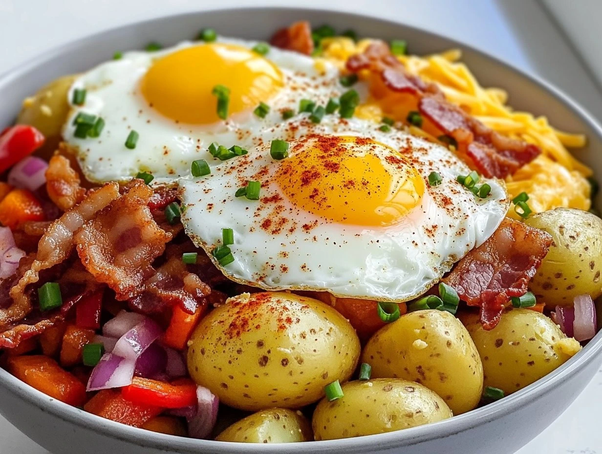 Perfectly cooked Loaded Breakfast Hash Bowl served and ready to eat - final result
