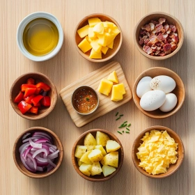 Step-by-step preparation of Loaded Breakfast Hash Bowl showing ingredients and initial cooking steps