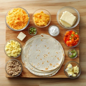 Step-by-step preparation of Cheesy Breakfast Crunchwrap Delight showing ingredients and initial cooking steps
