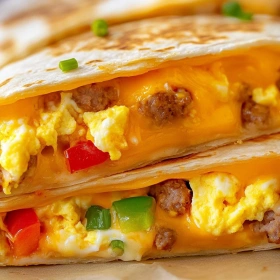 Close-up of Cheesy Breakfast Crunchwrap Delight showing texture, layers, and glossy finish