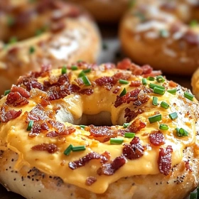 Close-up of Creamy Bacon Cheddar Bagels showing texture, layers, and glossy finish