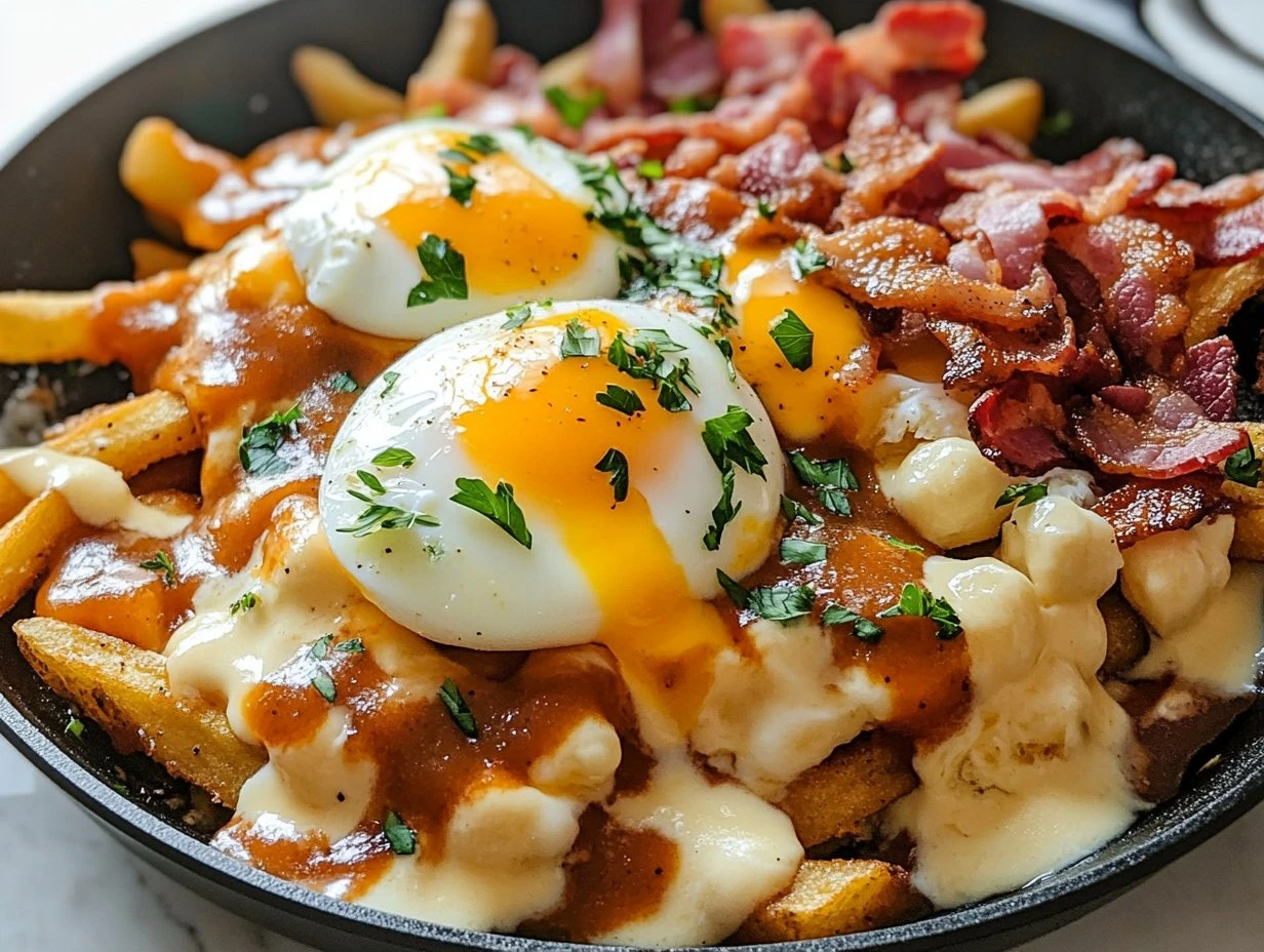 Perfectly cooked Decadent Breakfast Poutine Delight served and ready to eat - final result