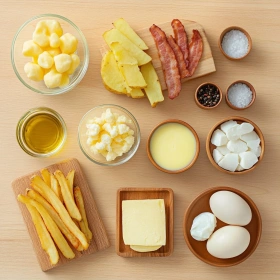 Step-by-step preparation of Decadent Breakfast Poutine Delight showing ingredients and initial cooking steps