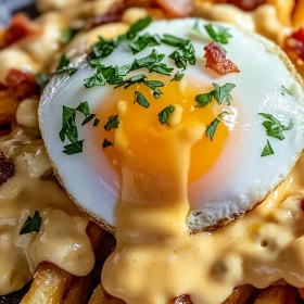 Close-up of Decadent Breakfast Poutine Delight showing texture, layers, and glossy finish