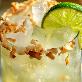 Close-up of Tropical Coconut Lime Refresher showing texture, layers, and glossy finish