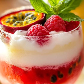 Close-up of Raspberry Passionfruit Tequila Sour showing texture, layers, and glossy finish