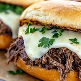 Close-up of Savory Crockpot French Dip Sandwiches showing texture, layers, and glossy finish