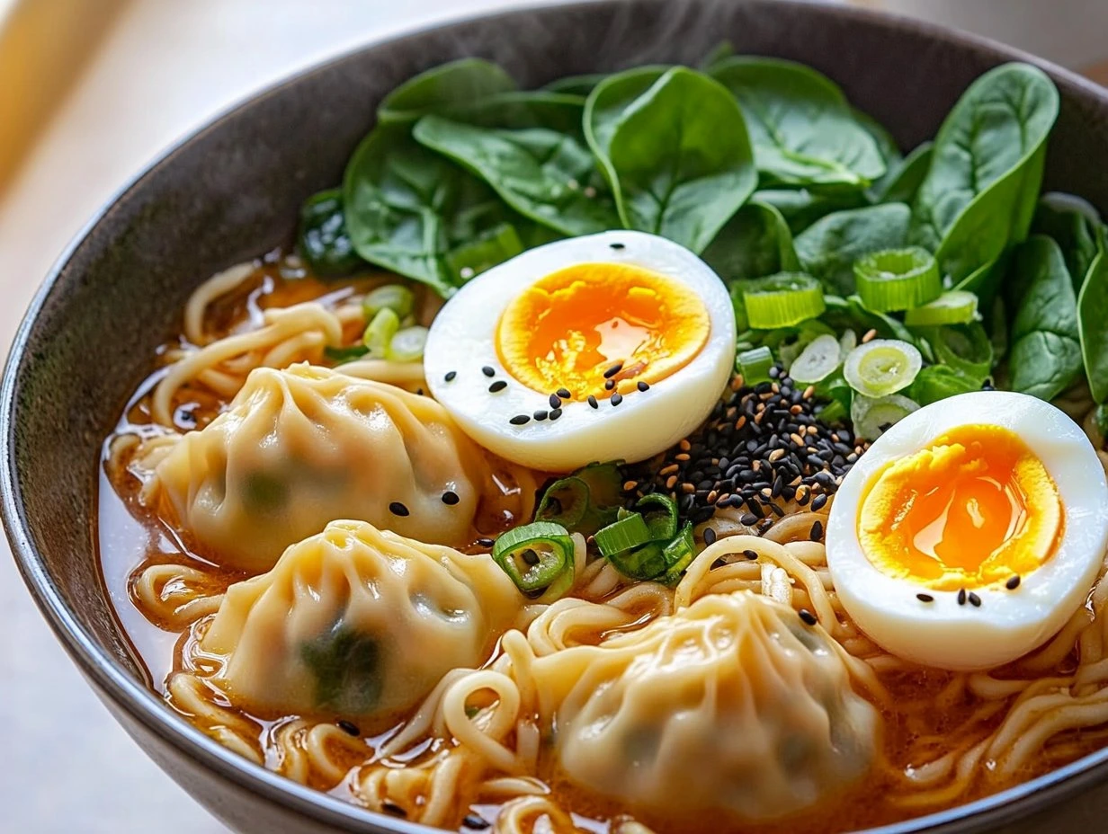 Perfectly cooked Spicy Dumpling Ramen Bowl served and ready to eat - final result