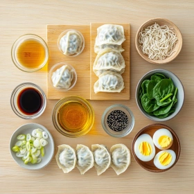 Step-by-step preparation of Spicy Dumpling Ramen Bowl showing ingredients and initial cooking steps