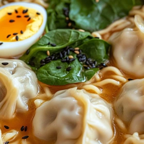 Close-up of Spicy Dumpling Ramen Bowl showing texture, layers, and glossy finish