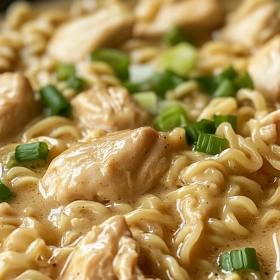 Close-up of Chicken Ramen with Creamy Garlic Sauce showing texture, layers, and glossy finish