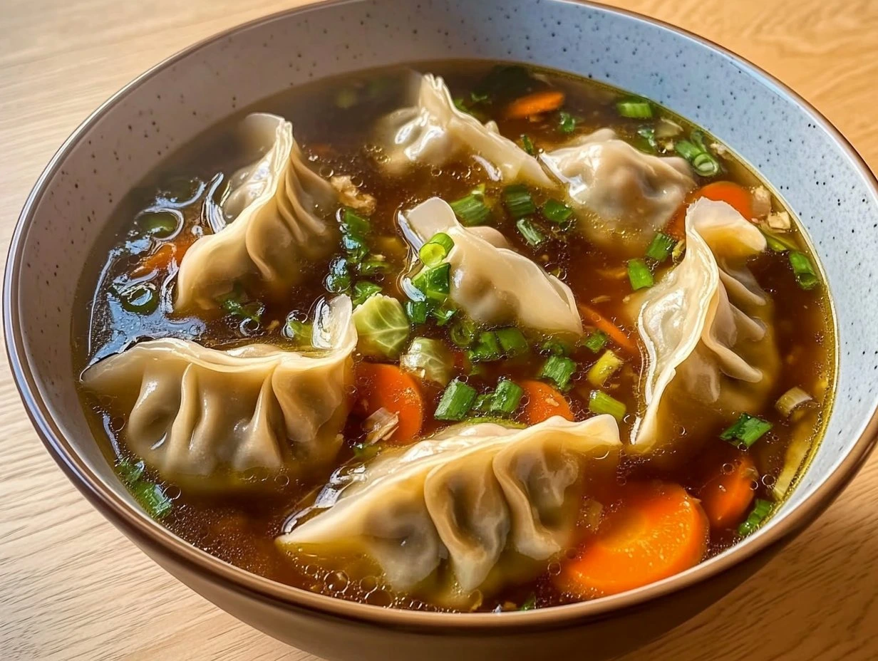 Perfectly cooked Savory Potsticker Soup Delight served and ready to eat - final result