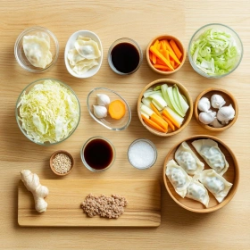 Step-by-step preparation of Savory Potsticker Soup Delight showing ingredients and initial cooking steps