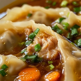 Close-up of Savory Potsticker Soup Delight showing texture, layers, and glossy finish