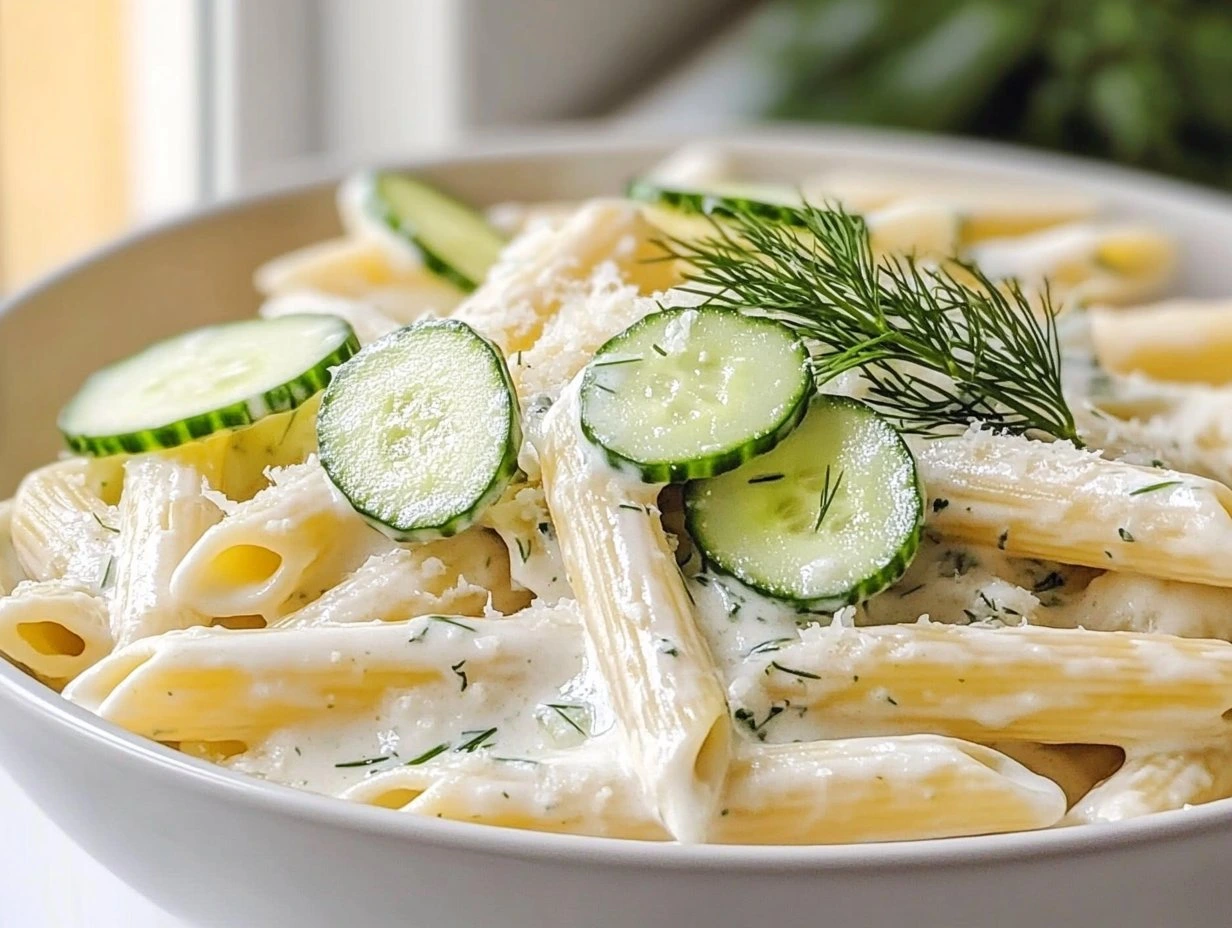 Perfectly cooked Creamy Cucumber Pasta Delight served and ready to eat - final result