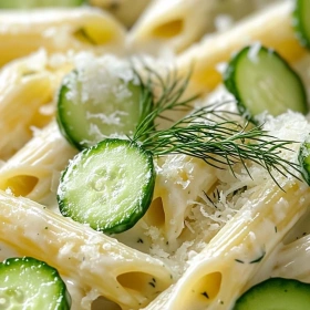 Close-up of Creamy Cucumber Pasta Delight showing texture, layers, and glossy finish