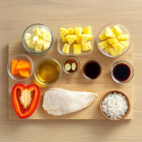 Step-by-step preparation of Teriyaki Pineapple Chicken Stuffed Peppers showing ingredients and initial cooking steps