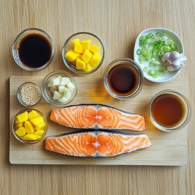 Step-by-step preparation of Mango Teriyaki Glazed Salmon showing ingredients and initial cooking steps