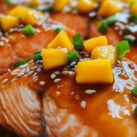 Close-up of Mango Teriyaki Glazed Salmon showing texture, layers, and glossy finish