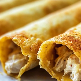 Close-up of Crispy Oven-Baked Chicken Taquitos showing texture, layers, and glossy finish