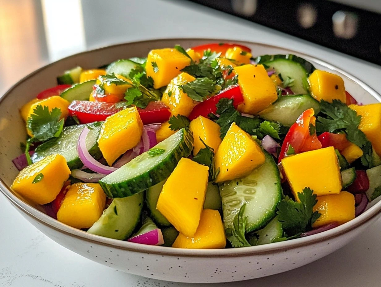 Perfectly cooked Vibrant Thai Mango Cucumber Salad served and ready to eat - final result