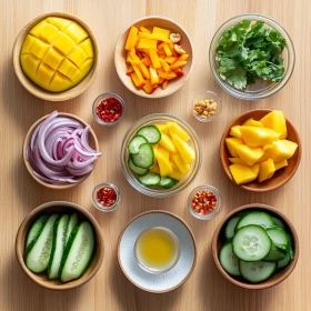 Step-by-step preparation of Vibrant Thai Mango Cucumber Salad showing ingredients and initial cooking steps