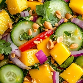 Close-up of Vibrant Thai Mango Cucumber Salad showing texture, layers, and glossy finish