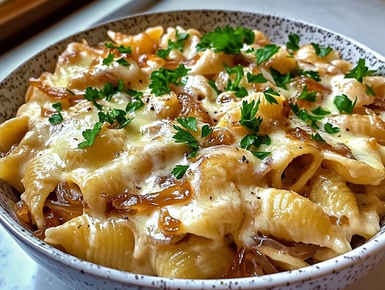 Perfectly cooked Savory French Onion Pasta Delight served and ready to eat - final result