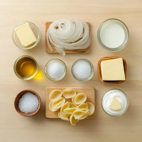 Step-by-step preparation of Savory French Onion Pasta Delight showing ingredients and initial cooking steps