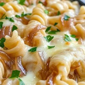 Close-up of Savory French Onion Pasta Delight showing texture, layers, and glossy finish