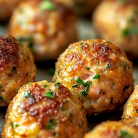 Close-up of Savory Baked Salmon Meatballs showing texture, layers, and glossy finish