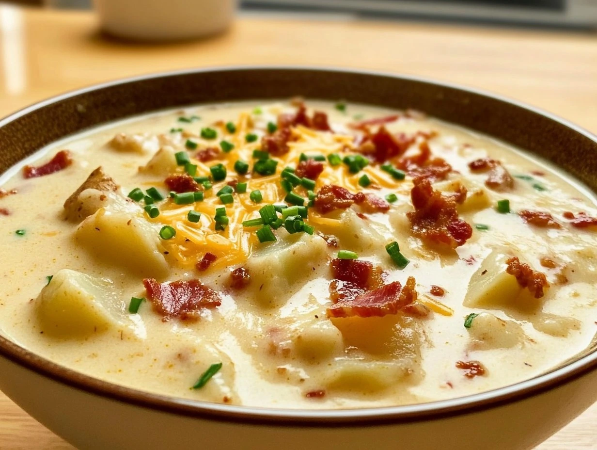 Perfectly cooked Creamy Loaded Baked Potato Soup served and ready to eat - final result