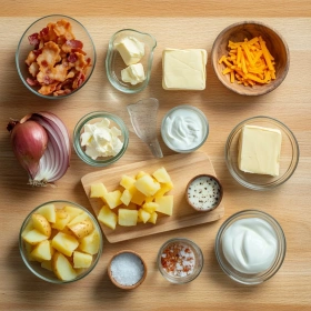 Step-by-step preparation of Creamy Loaded Baked Potato Soup showing ingredients and initial cooking steps