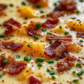 Close-up of Creamy Loaded Baked Potato Soup showing texture, layers, and glossy finish