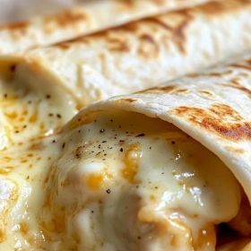 Close-up of Cheesy Garlic Chicken Wraps showing texture, layers, and glossy finish