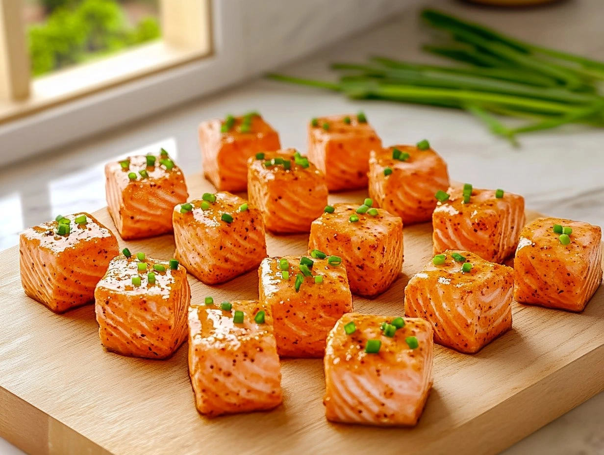 Perfectly cooked Spicy Bang Bang Salmon Bites served and ready to eat - final result