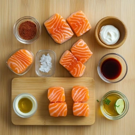 Step-by-step preparation of Spicy Bang Bang Salmon Bites showing ingredients and initial cooking steps