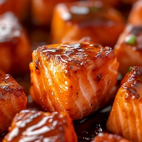 Close-up of Spicy Bang Bang Salmon Bites showing texture, layers, and glossy finish