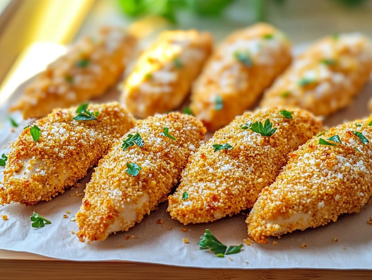 Perfectly cooked Crispy Oven-Baked Chicken Tenders served and ready to eat - final result